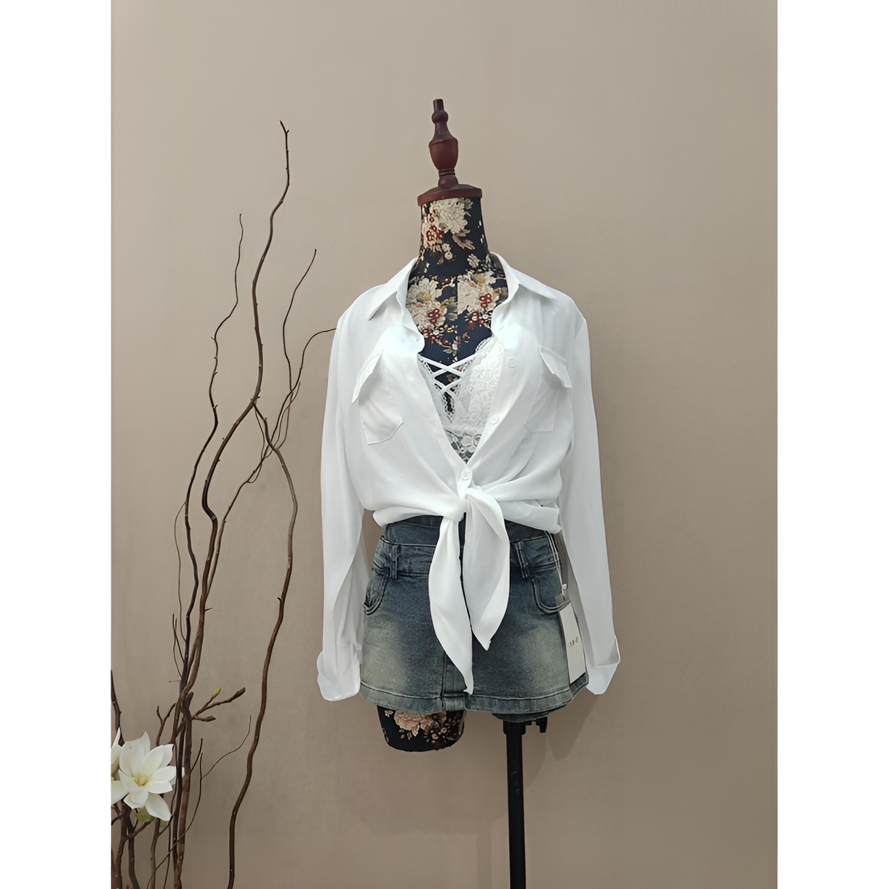 米雪严选一纯欲微透修身衬衫早秋老钱风防晒长袖美背短裤三件套