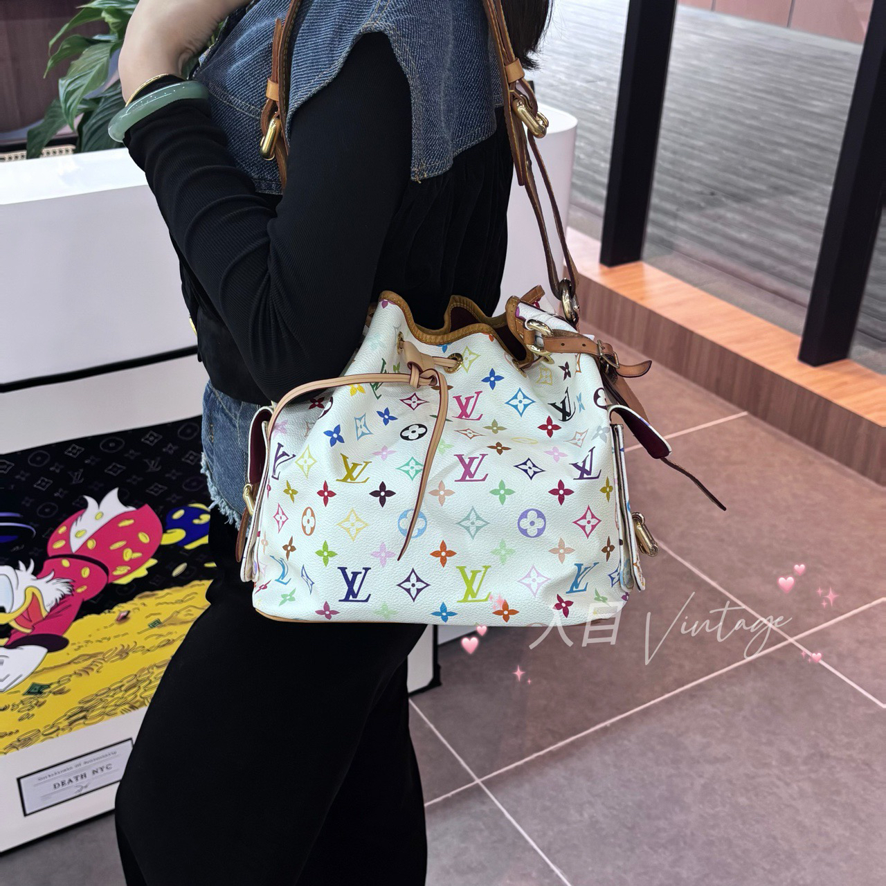 95新 LouisVuitton/路易威登 入目 白三彩水桶单肩包（刻字）65585