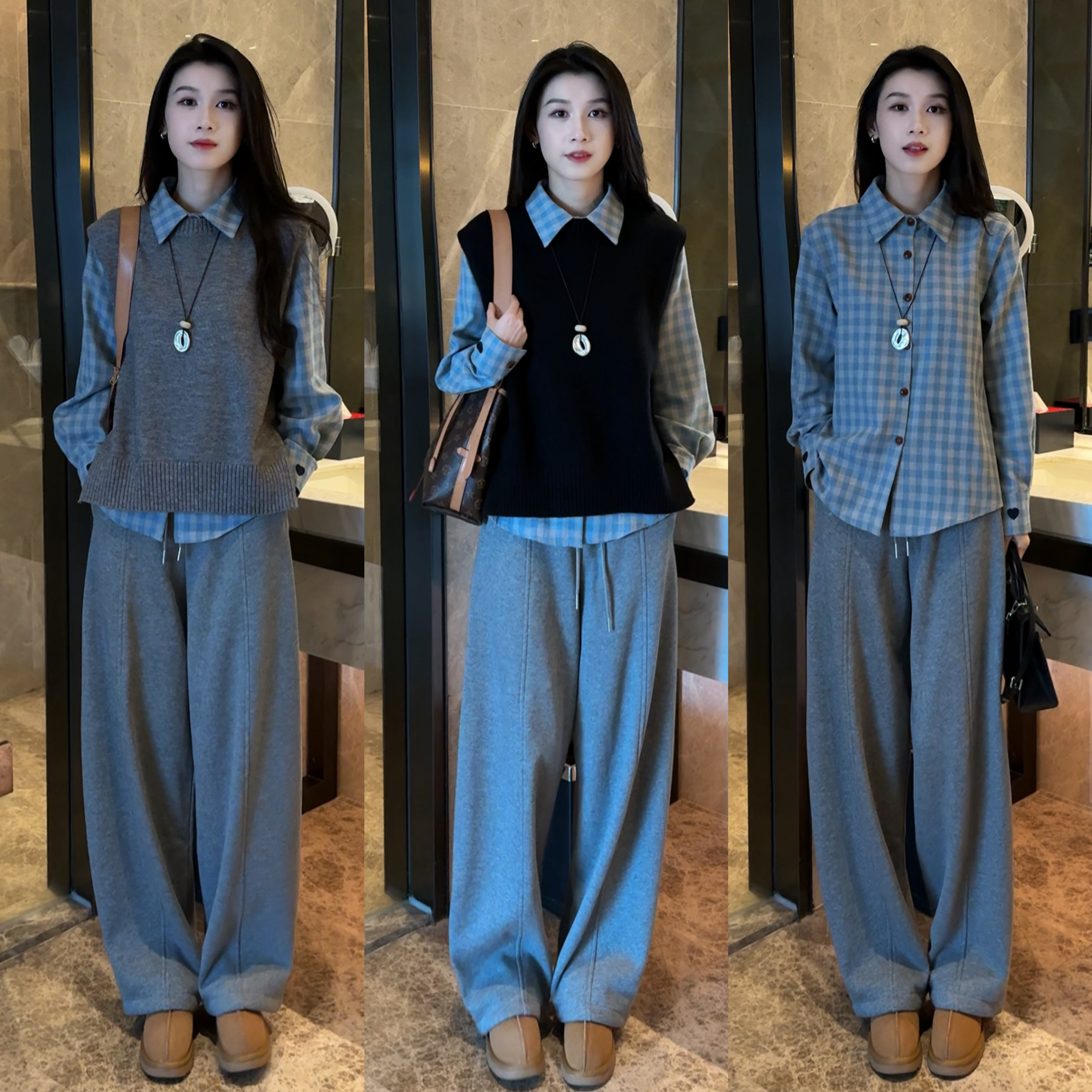 新款小众设计翻领格子衬衫+针织马甲+百搭休闲松紧腰衣卫裤三件套