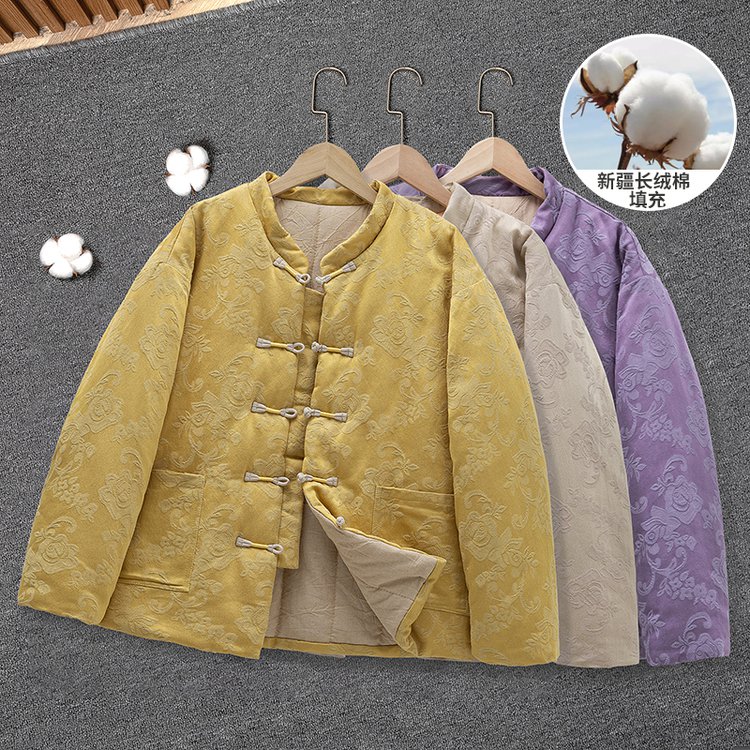 【纯棉花】连帽印花立领棉衣中式锦扣厚棉服冬季秋冬中式小棉