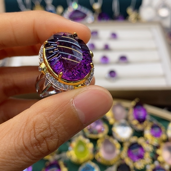 水晶戒指银S925镶嵌红****物天然水晶戒指