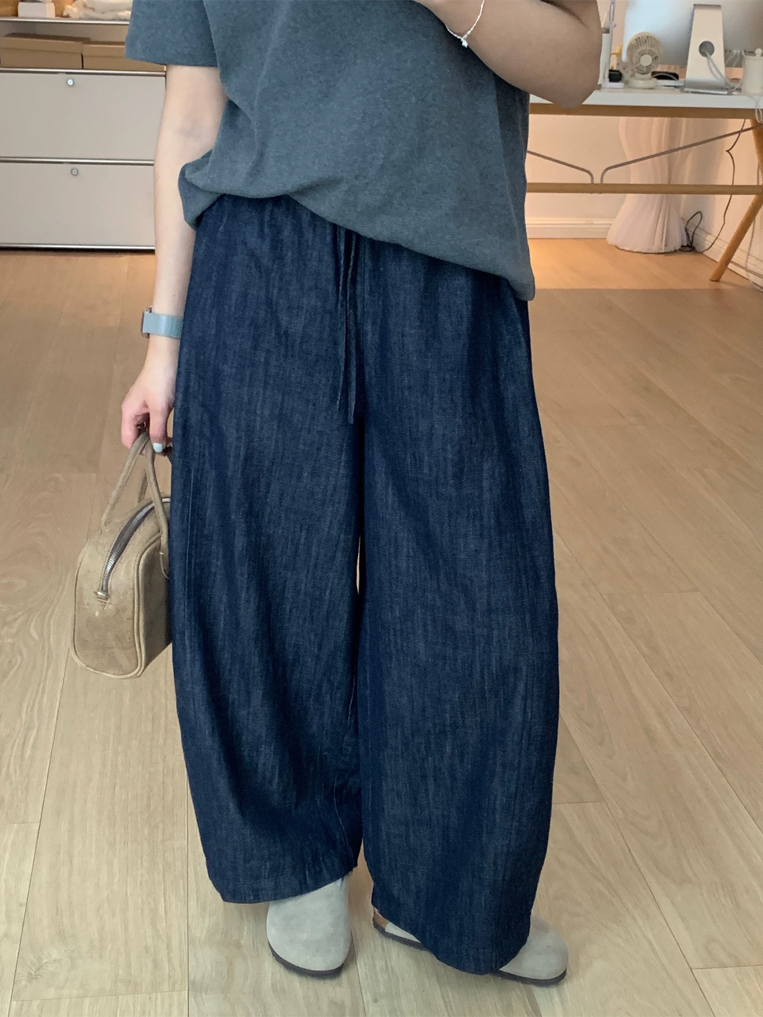 仓美美女装-抽绳竹节亚麻设计款休闲裤（卡码推荐拍小！）