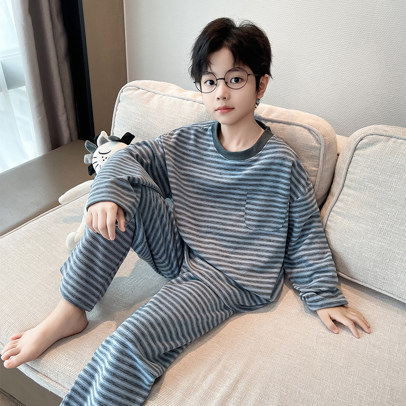 儿童秋冬睡衣套装2025新款男童德绒磨毛家居服男孩洋气条纹保暖装
