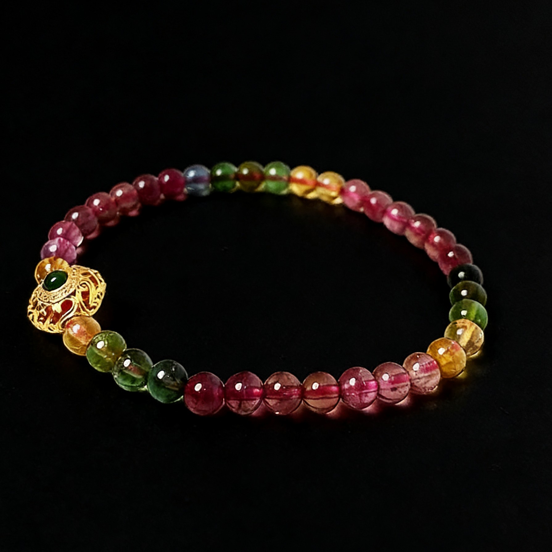 【曼真珠宝】18K金配件天然彩虹碧玺圆珠彩色渐变镶嵌多样性发货