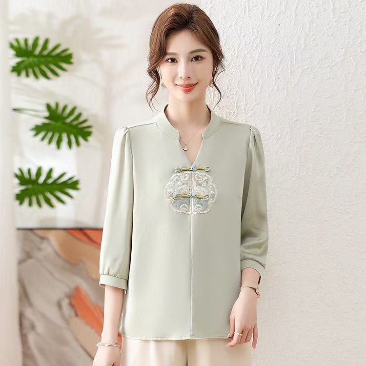 夏季新款中式国风提花刺绣上衣妈妈百搭洋气小衫时尚气质T恤宽松