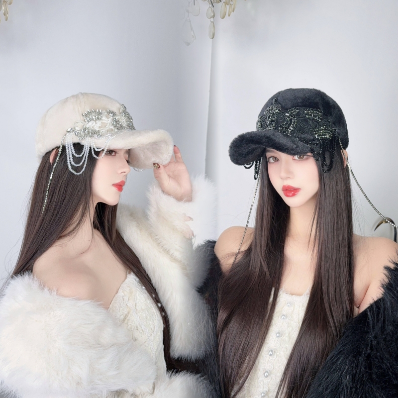 NIUYANG 原创巴洛克复古厚毛绒质感皇冠蕾丝水晶流苏高颅顶鸭舌帽