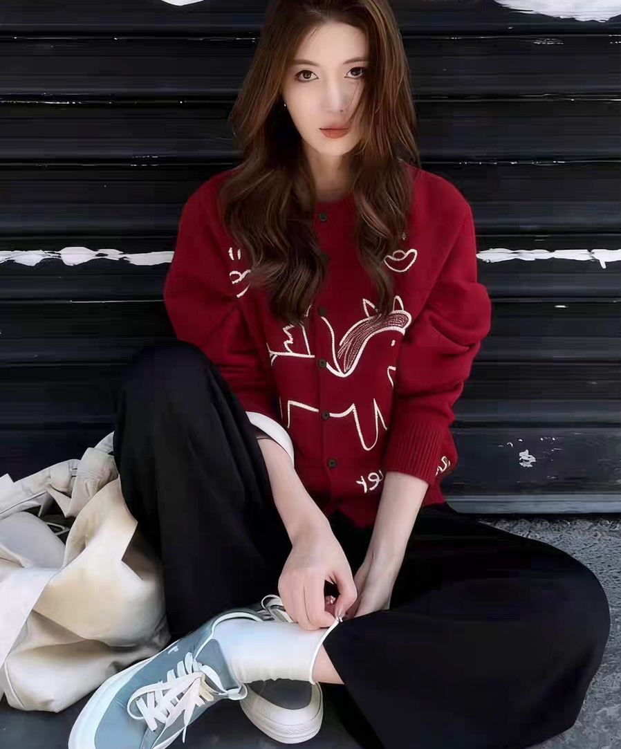 【马上有钱】本命年穿搭小马提花毛针织开衫女外套秋冬新款上衣