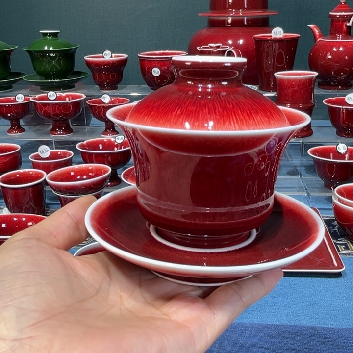 雷***3景德镇陶瓷浅行窑三才马蹄盖碗