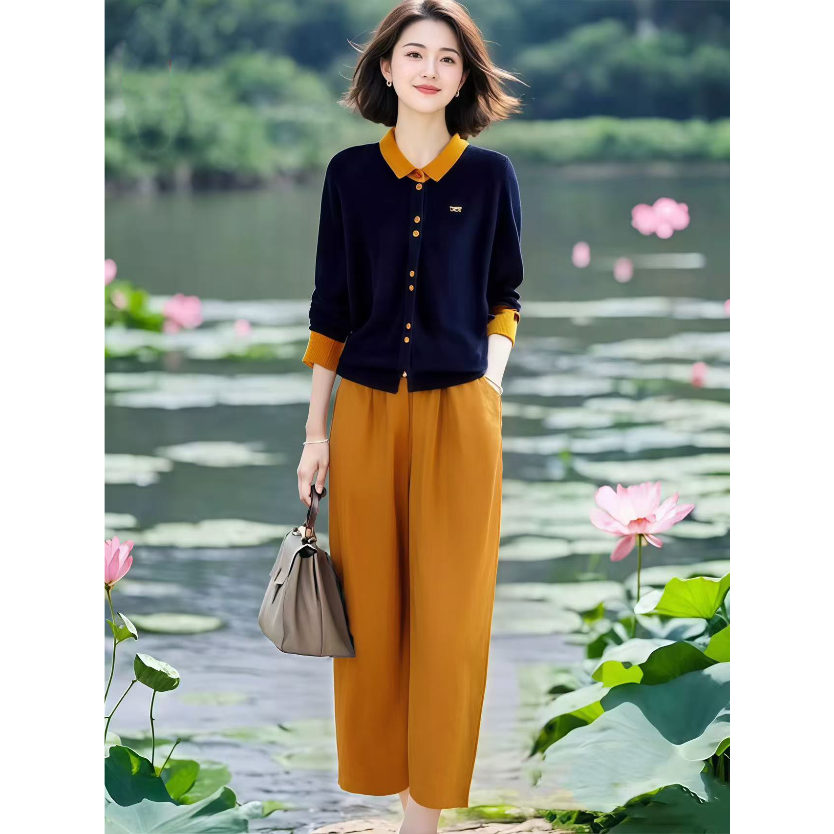 安迪绒撞色翻领上衣+松紧腰九分裤套装秋