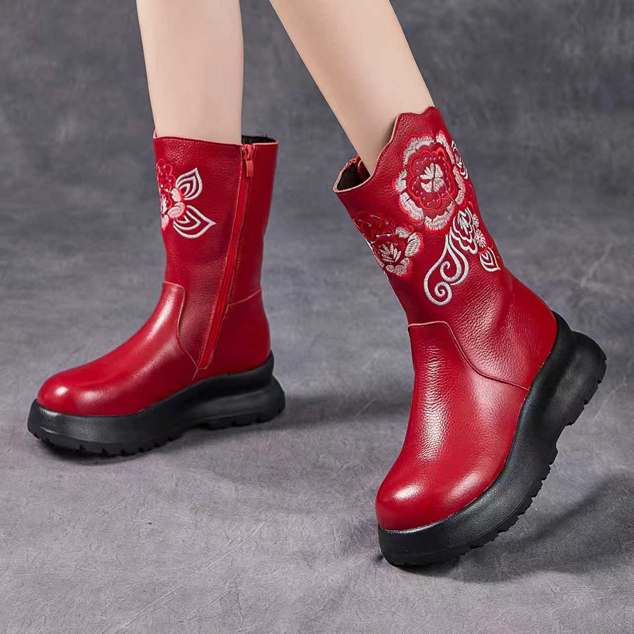 （跟高5厘米）头层牛皮中筒保暖加绒舒适厚底789女靴鞋6199艾莎