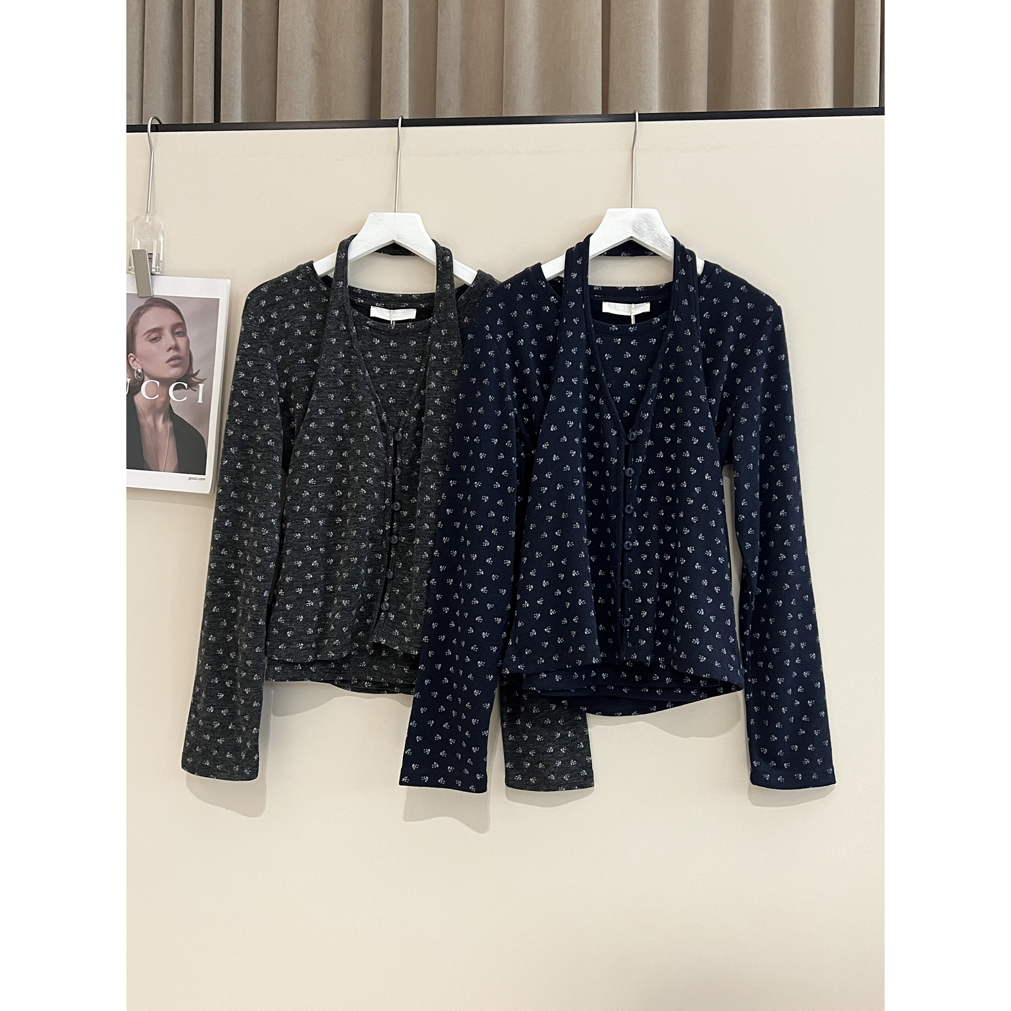 碎花长袖T恤+挂脖背心两件套26931