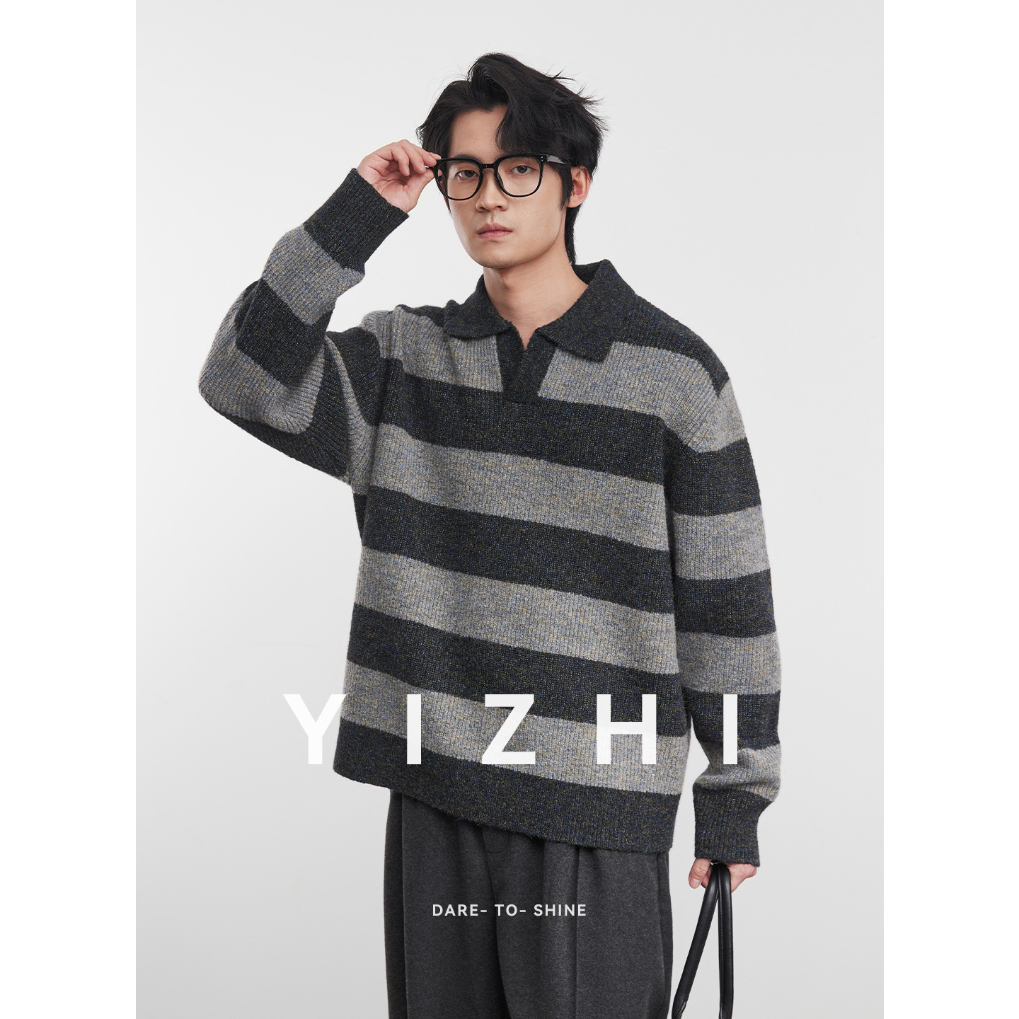 亦止『纹廓』撞色条纹Polo领毛衣针织衫秋冬季男士宽松休闲套头衫