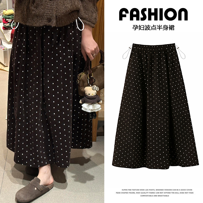 孕妇半身裙秋冬法式复古高腰加厚灯芯绒A字裙显瘦高级感波点裙子