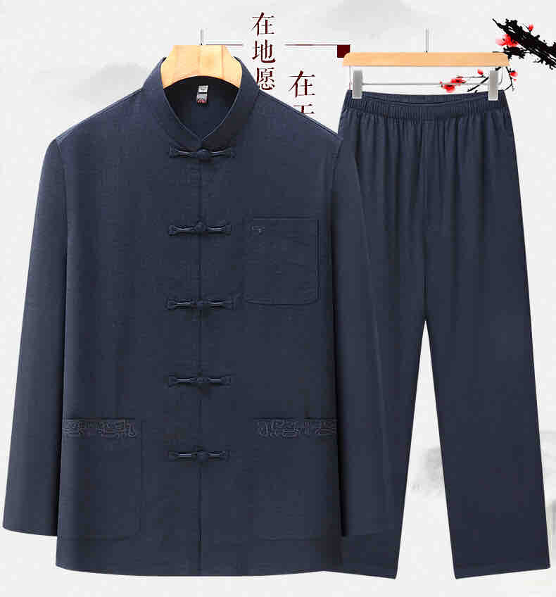 唐装男中老年爸爸装春秋长袖棉麻套装中国风中式汉服爷爷春夏衣服