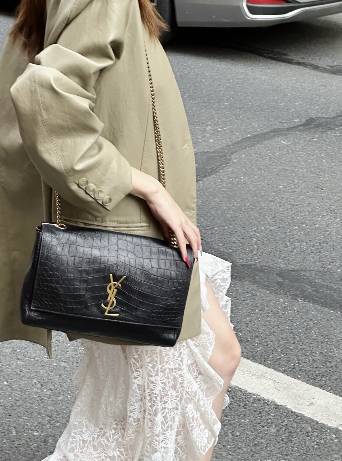 95新 YSL/圣罗兰 3285 黑金压纹双面麂皮kate链条包