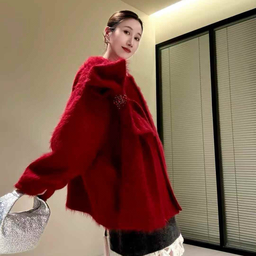 设计师品牌sicibang2025圣诞节氛围感钉珠蝴蝶结羊毛外套