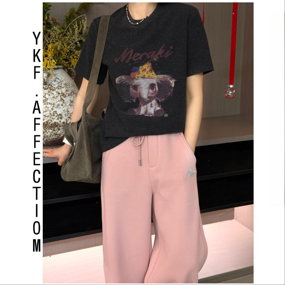 【微醺小象T恤】加厚圆领撞色小象印花百搭上衣T恤12813