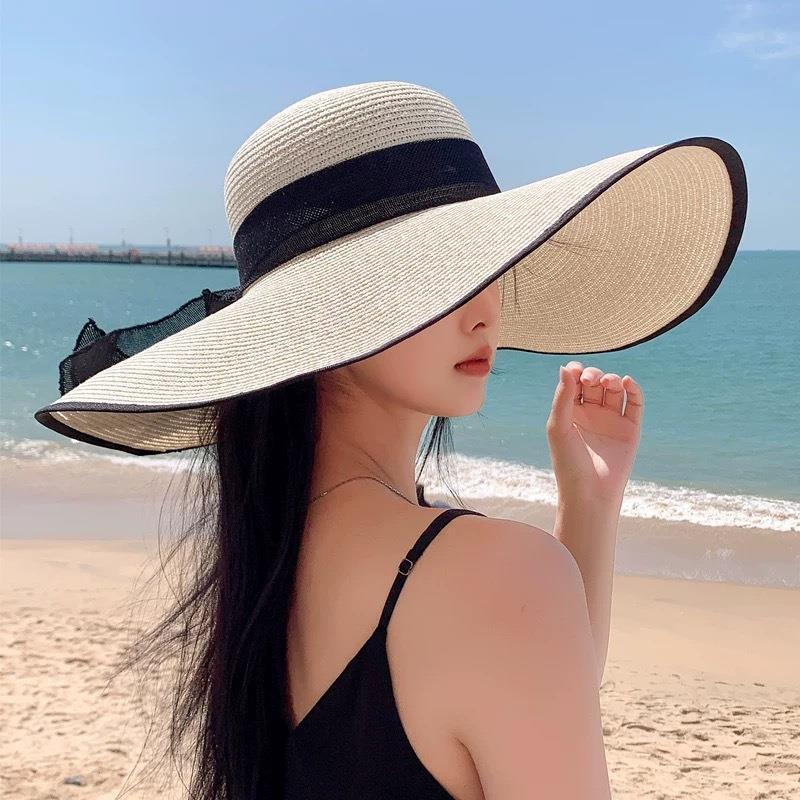 特大帽檐防晒帽草帽女夏季超大遮阳沙滩海边度假太阳帽可折叠帽子