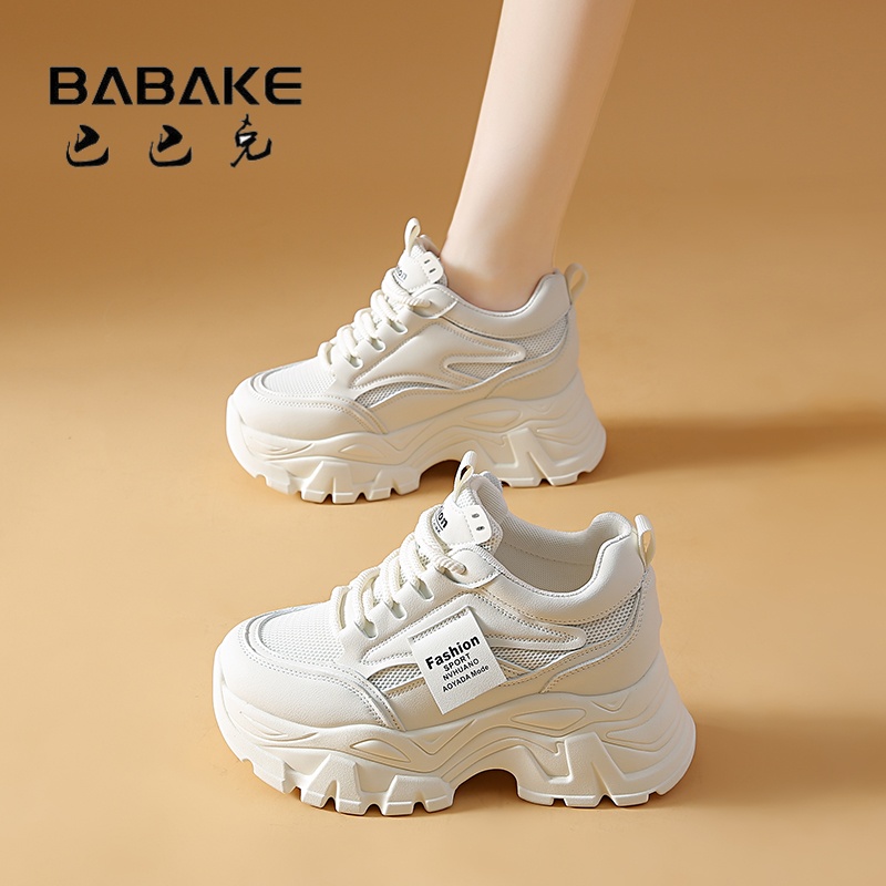 巴巴克真皮内增高厚底老爹鞋女款网面透气舒适休闲运动小白鞋轻便