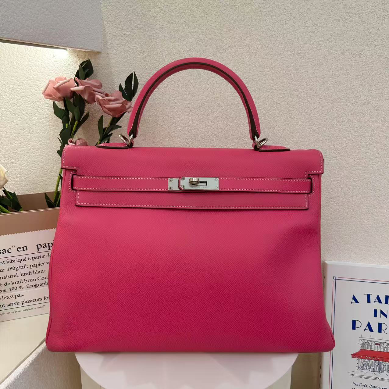 99新 Hermes/爱马仕 kelly 35 框O e皮 糖果粉手提包xx0729b3