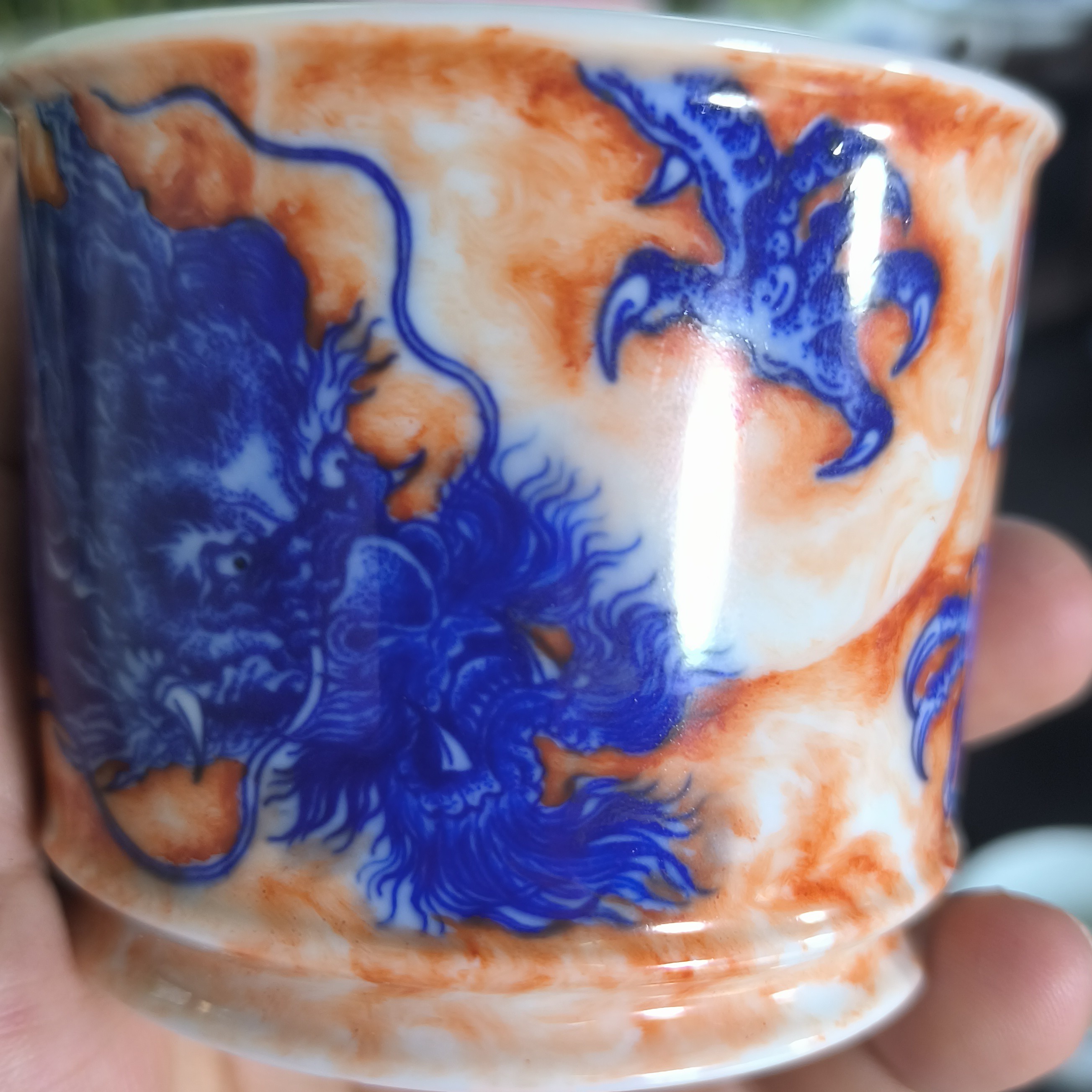 景德镇手工手绘矾红龙纹直口杯—一物一拍
