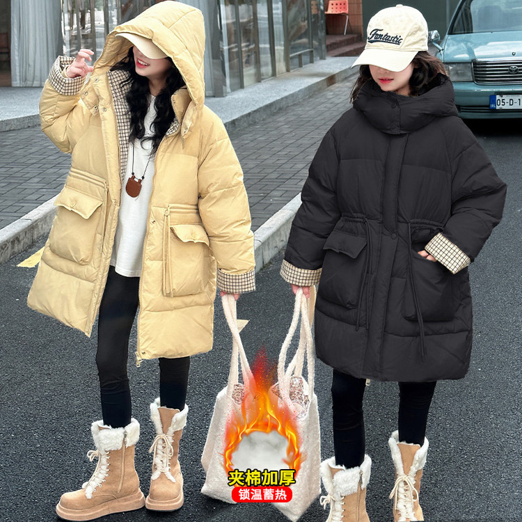 女童冬季宽松加厚外套时尚中大童休闲2025新款保暖加厚连帽棉服