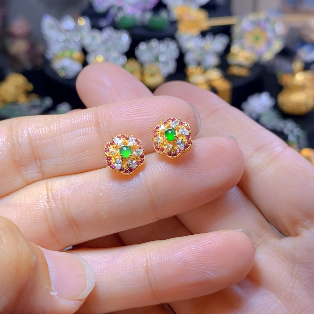 翡翠耳钉银S925镶嵌天然翡翠