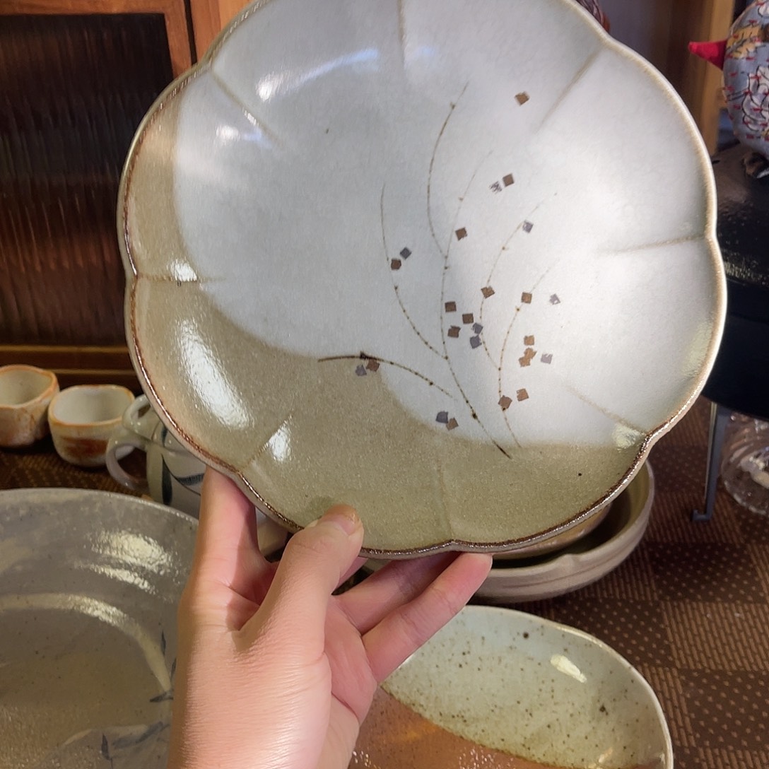 瓷片橘吉粗陶拼釉花瓣盘5