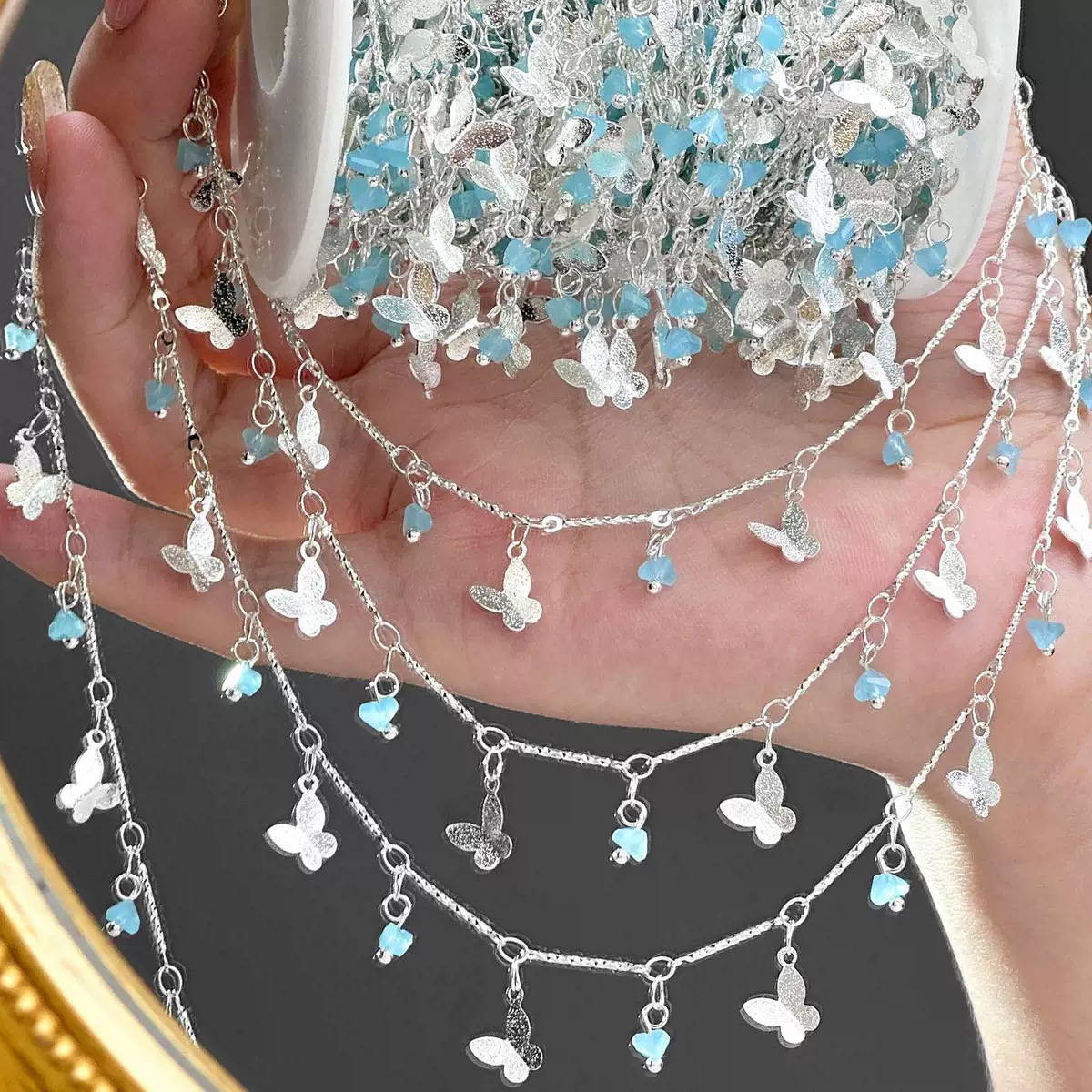 编号514 沧蓝蝶梦 蓝色水晶磨砂蝴蝶 手链项链diy组装装饰链纯铜