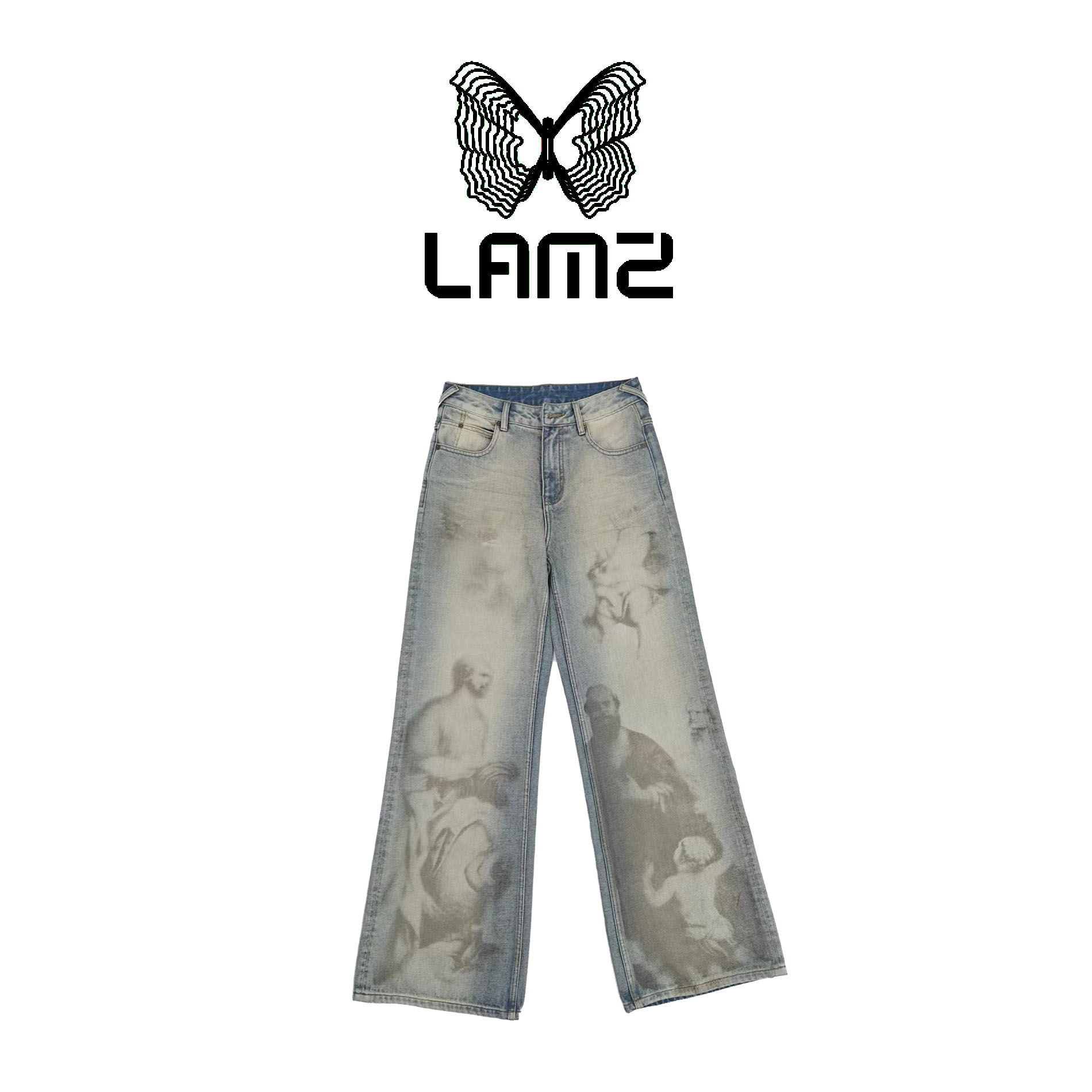 lamz 设计师艺术款个性人物印花水洗高腰阔腿牛仔裤 Lamz03CK058