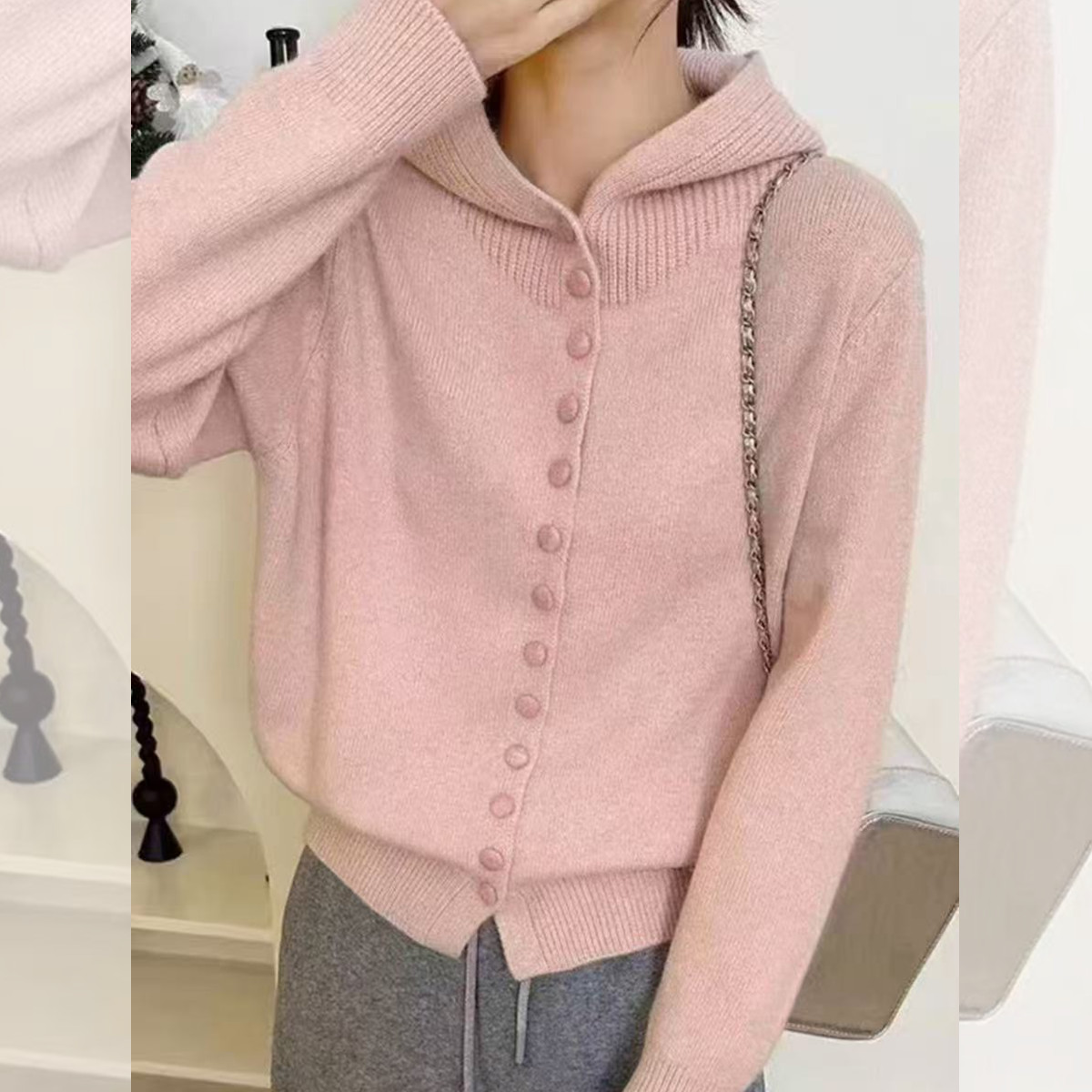 秋冬新款连帽“绵羊毛+兔毛”百搭针织衫 百搭纯色针织内搭过年毛衣