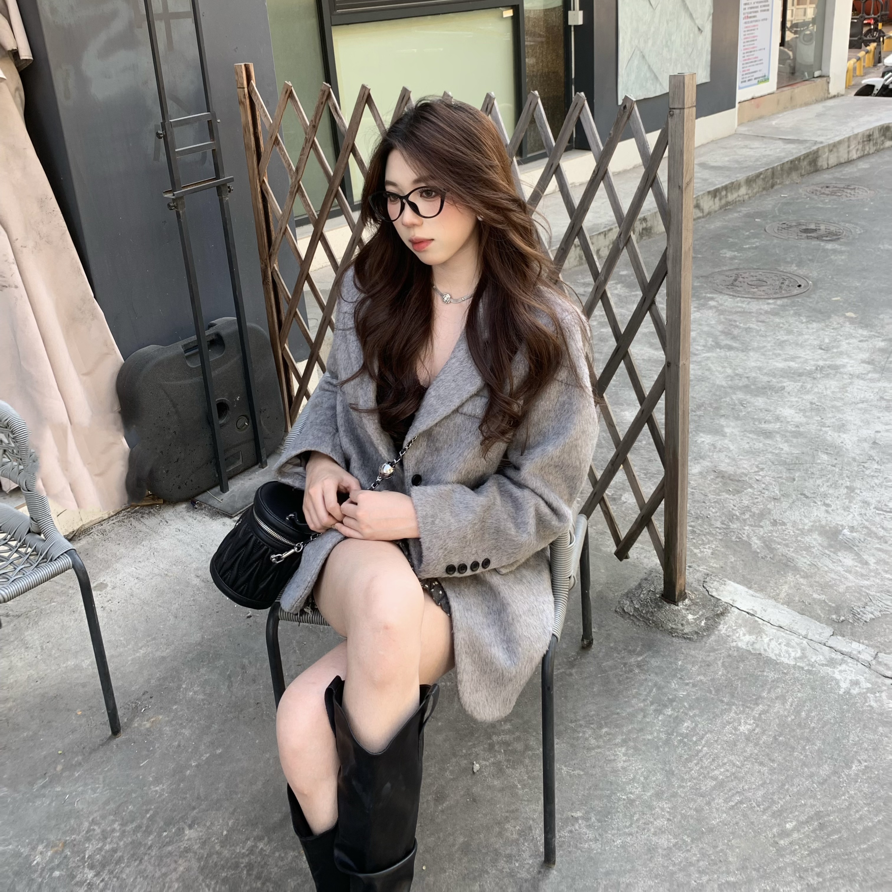 宽松型中长款翻领秋冬女毛呢外套+半身裙气质套装