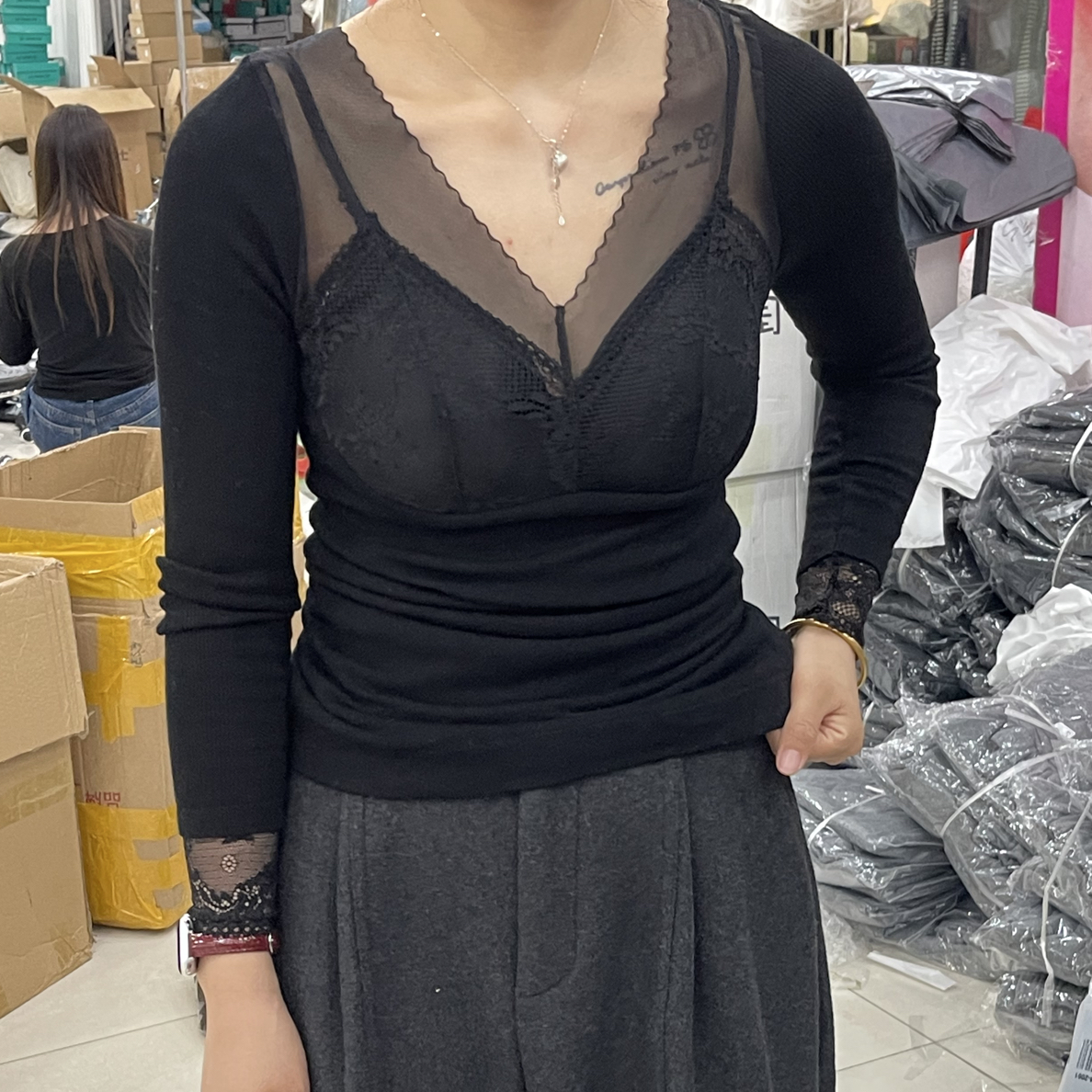 5020冬季保暖内衣女长袖带胸垫一体加绒加厚蕾丝修身美体