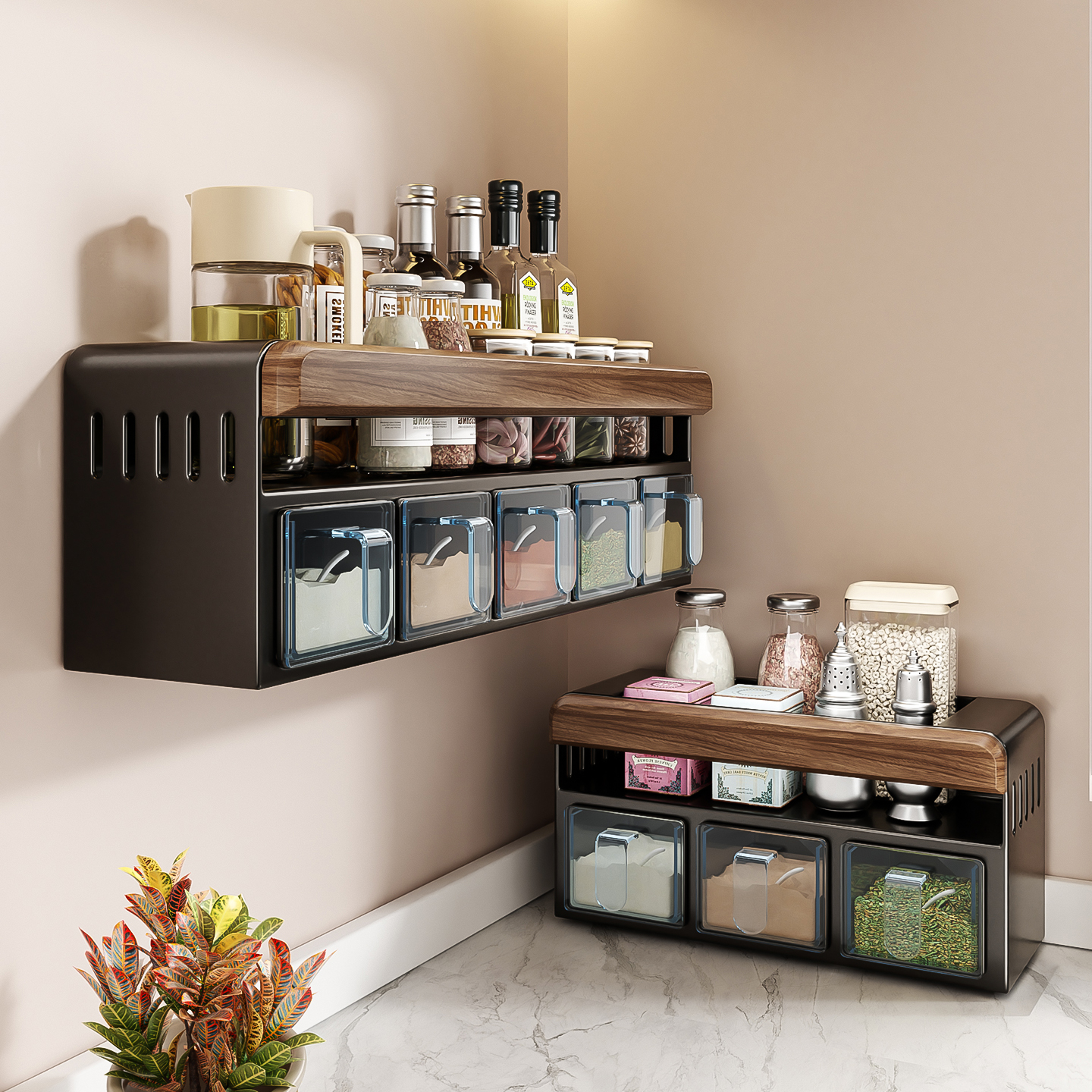 胡桃木厨房调料置物架免打孔壁挂家用中古风调料盒收纳架调味料架