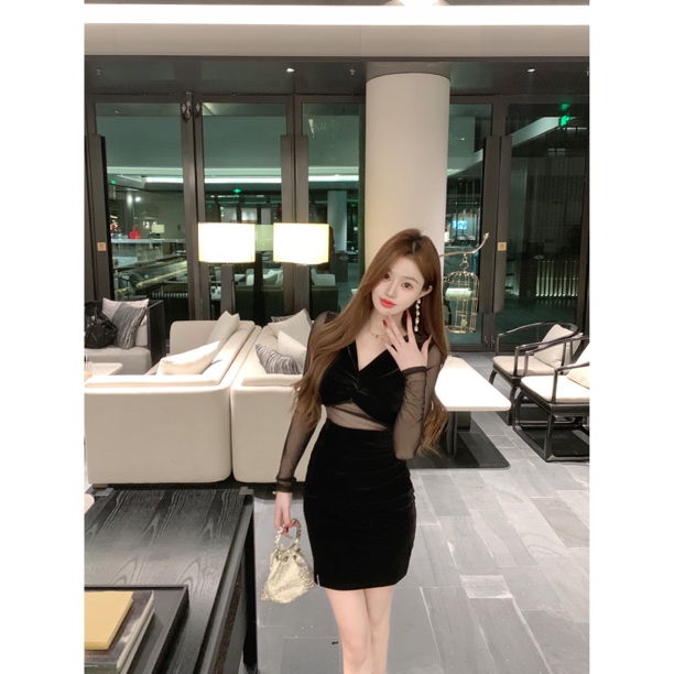【CHANG.Q】098网纱拼接丝绒辣妹打底长袖连衣裙