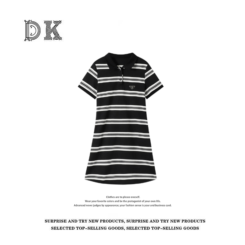DK 2025女装 夏季高级感POLO领条纹短袖连衣裙 26119