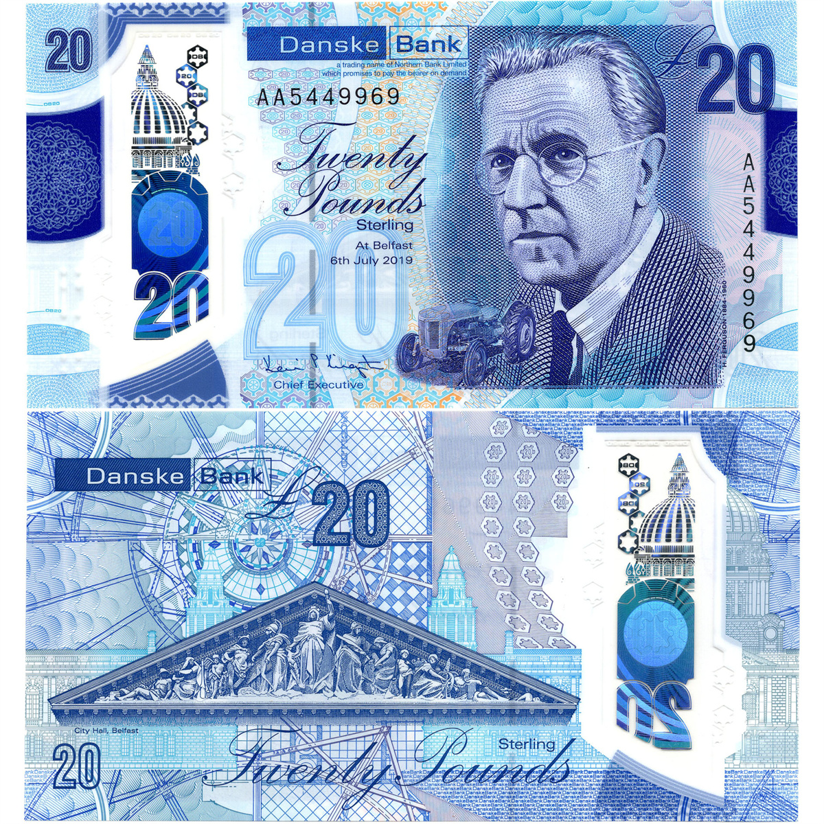 塑料钞北爱尔兰20镑丹斯克银行全新UNC纸币老纸钞外国钱币收藏