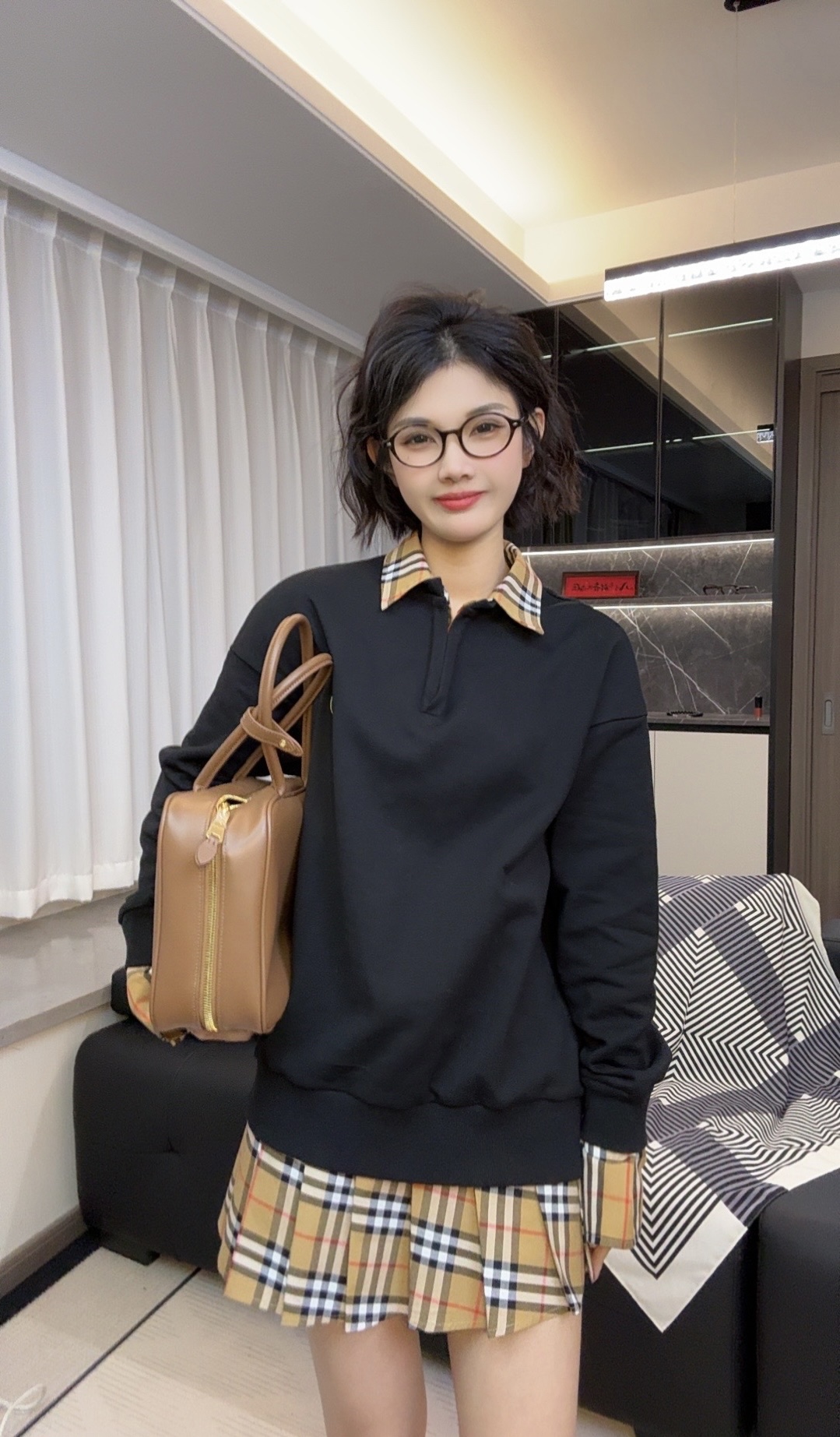 【BBR格纹卫衣】2025新春格纹百搭黑色情侣款拼接假两件卫衣短外套