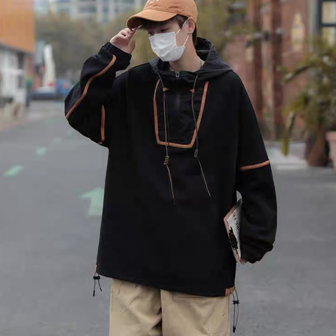 复古条纹字母logo印花基础款简约半拉链宽松休闲连帽卫衣男女同款