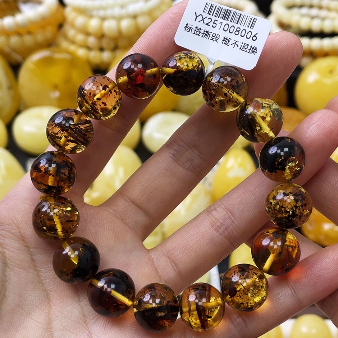 裸石蜜蜡未镶嵌13+mm特色花珀手串 瑕