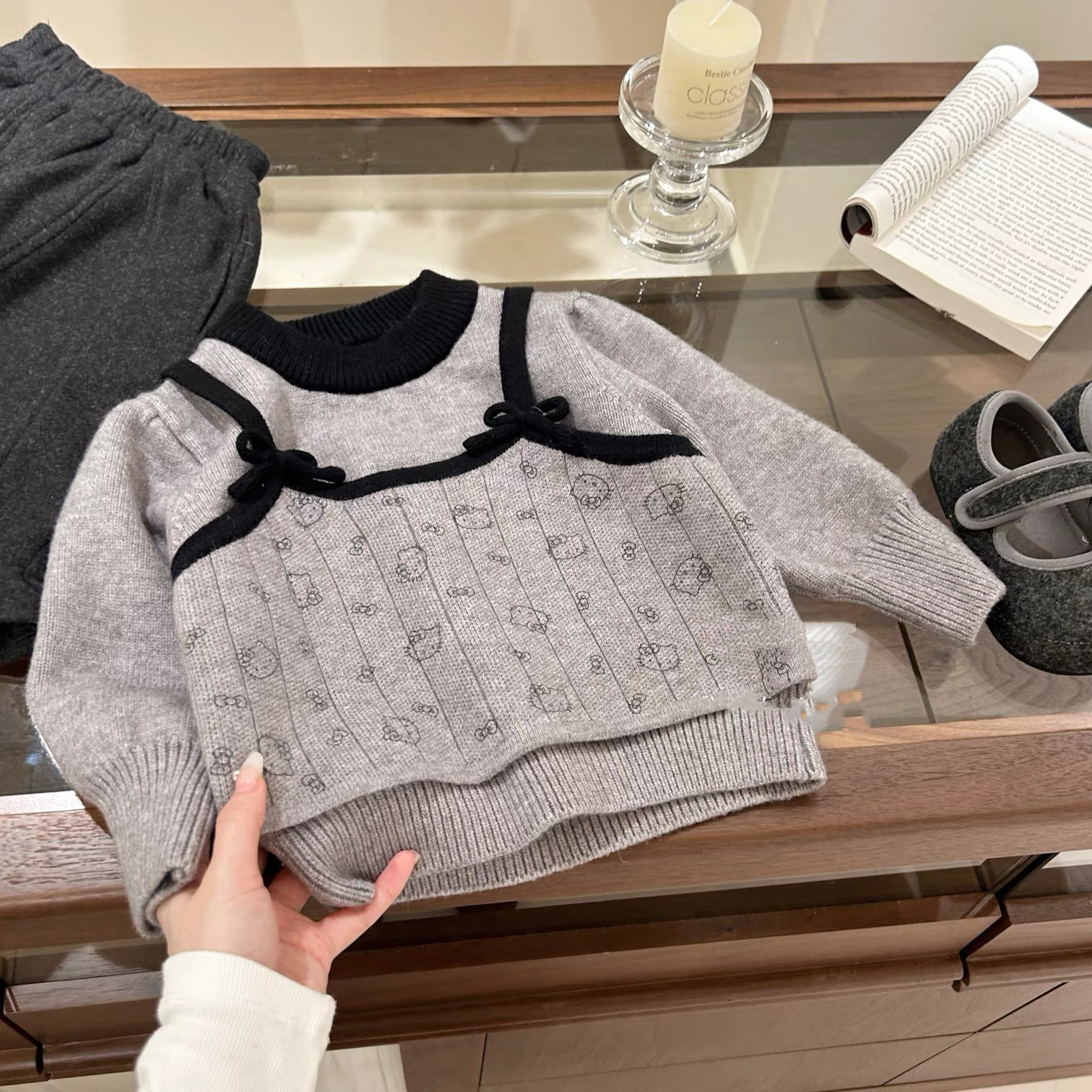 冬季女宝宝甜美假两件KT猫毛衣秋冬韩系洋气针织衫加厚打底衫