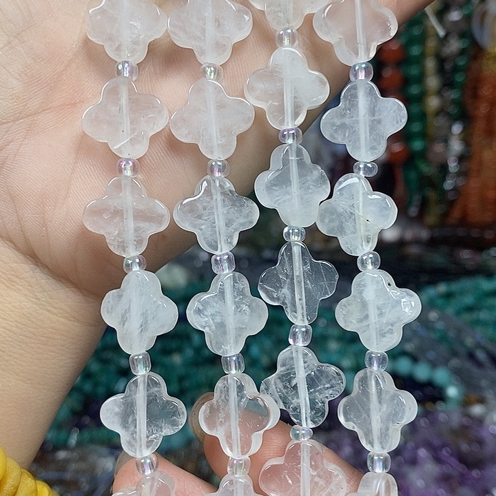 玛瑙/玉髓未镶嵌珠宝半成品天然白水晶四叶草卡15mm一条