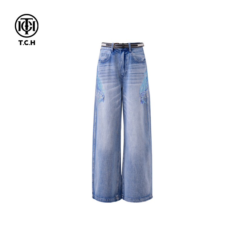 TCH烫钻天使翅膀直筒裤重工时尚牛仔裤女T750E5058轻奢tch