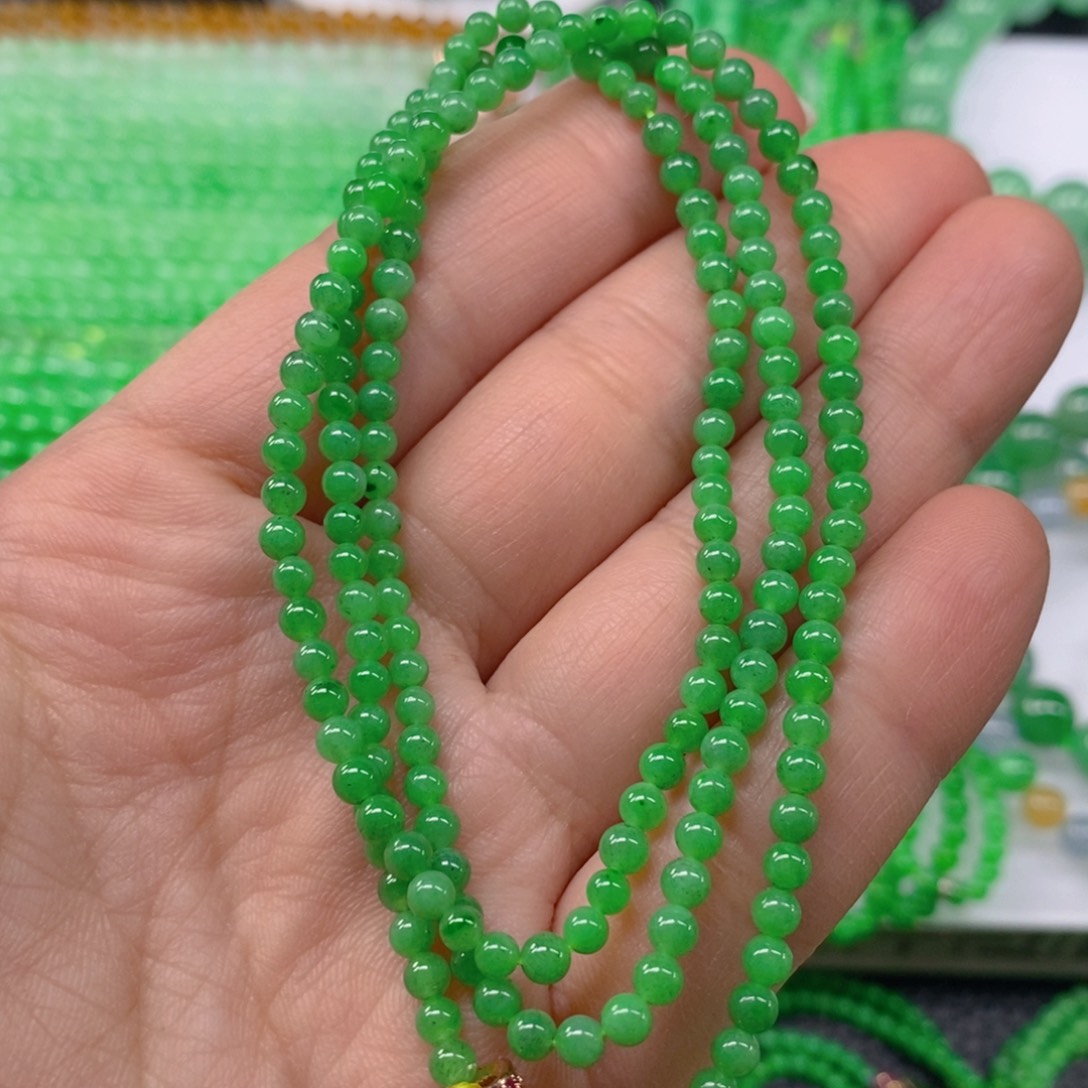 翡翠颈饰未镶嵌缅甸天然翡翠冰种阳绿小米珠项链3.6m' m