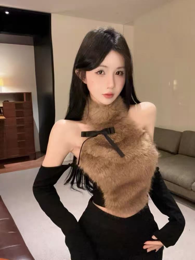 仿皮草毛毛挂脖长袖T恤上衣女2025秋冬新款千金蝴蝶结露肩小衫
