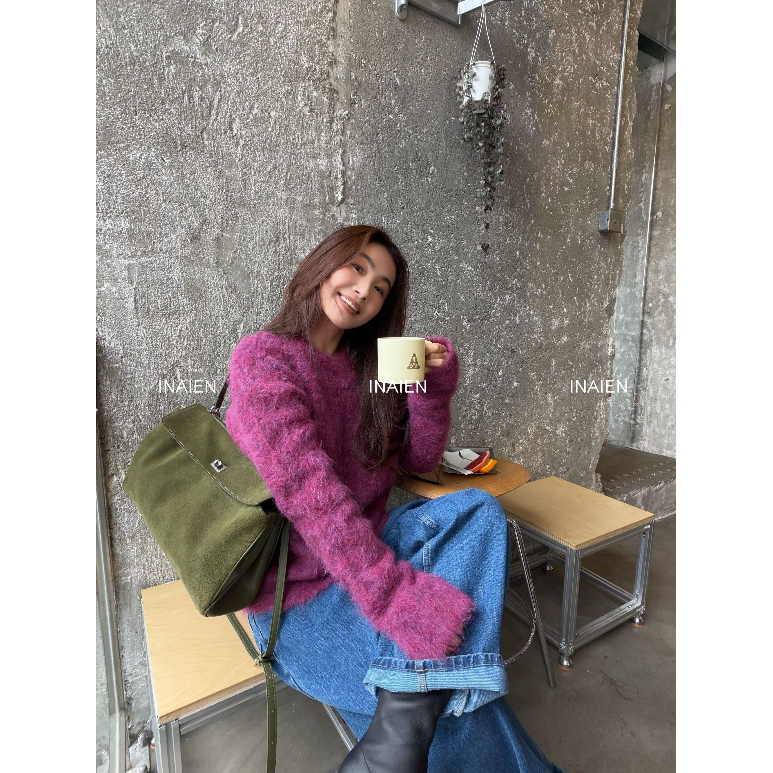 INAIEN【轻奢主义】350克重磅圆领宽松厚实羊驼毛针织毛衣P8827