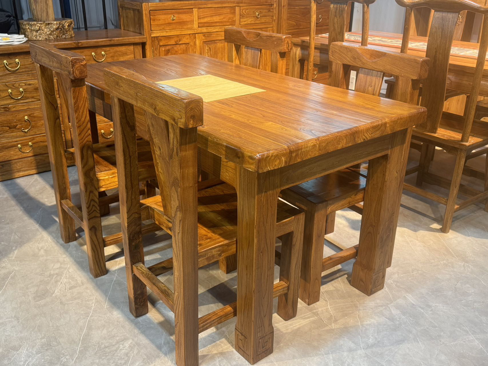 精工老榆木手工拉丝工艺整面餐桌椅