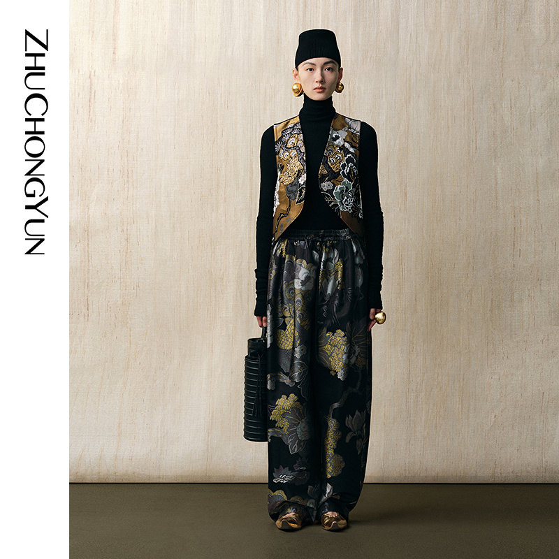 【繁花春貌】ZHUCHONGYUN春新款6A级桑蚕丝织锦提花长裤子C1FZ13845