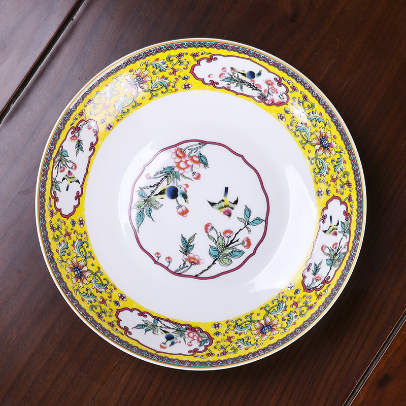 8寸景德镇陶瓷家用微波炉珐琅彩花鸟开窗餐盘菜盘口20.5cm高3.7cm