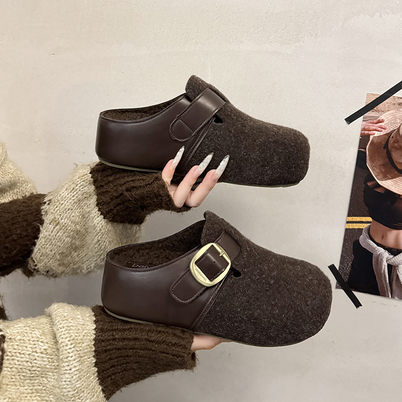 羊呢绒灰色勃肯鞋女厚底包头半拖鞋外穿一脚蹬加绒保暖毛毛鞋棉鞋